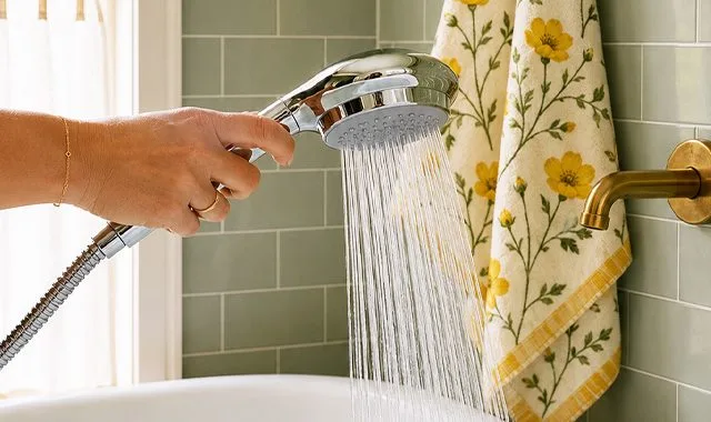 Een hand die de Anespa douchekop vasthoudt terwijl zacht water stroomt, tegen saliegroen tegels