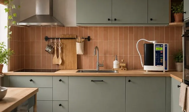 De LeveLuk JR IV op het aanrecht van een rustige, saliegroen gekleurde keuken