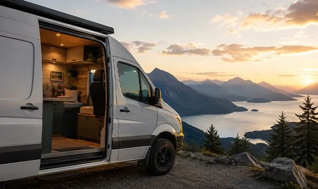 Een compacte off-grid camperbus geparkeerd bij een bergmeer uitkijkpunt bij zonsondergang