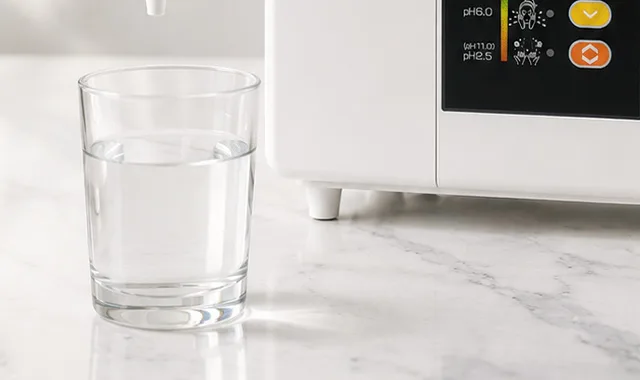Een glas vers Kangen Water naast de SD501DX